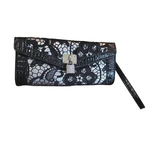 Koret‎ Black vintage Crocodile Embossed Lace Clutch Wristlet with Mirror Charm